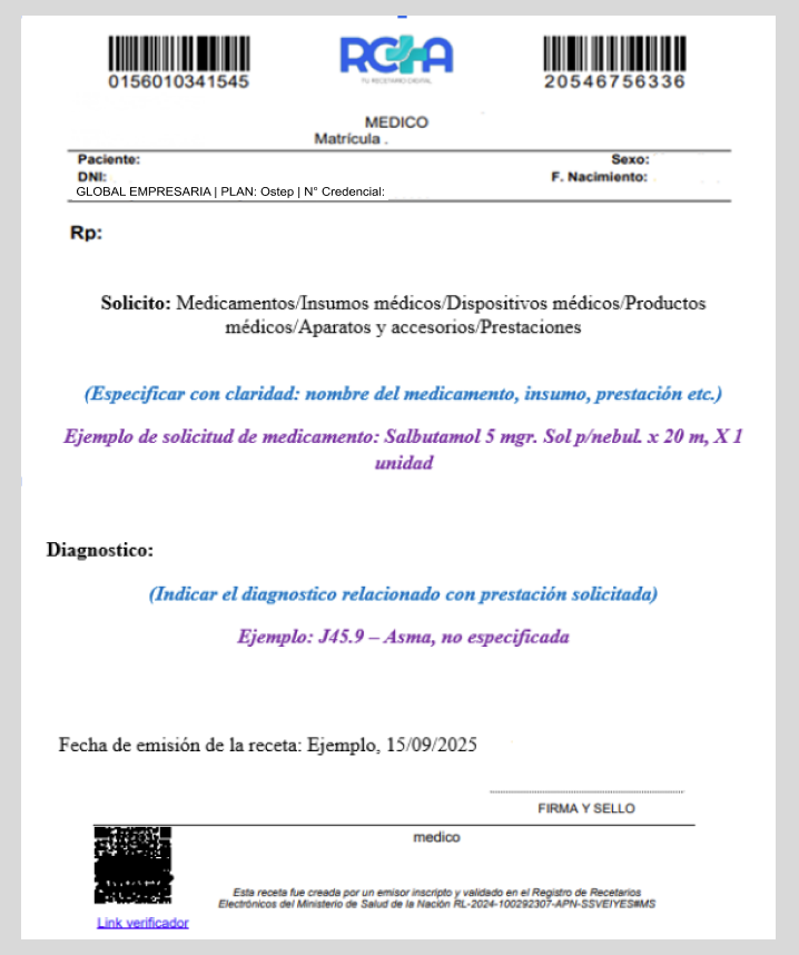 Ejemplo de receta electrónica RCTA - Global Empresaria / OSTEP